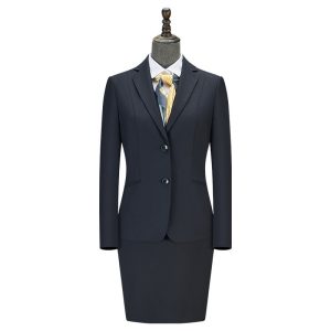 藏青细条纹 100% 羊毛女款三件套西装 |西装外套马甲裙 正式商务西装